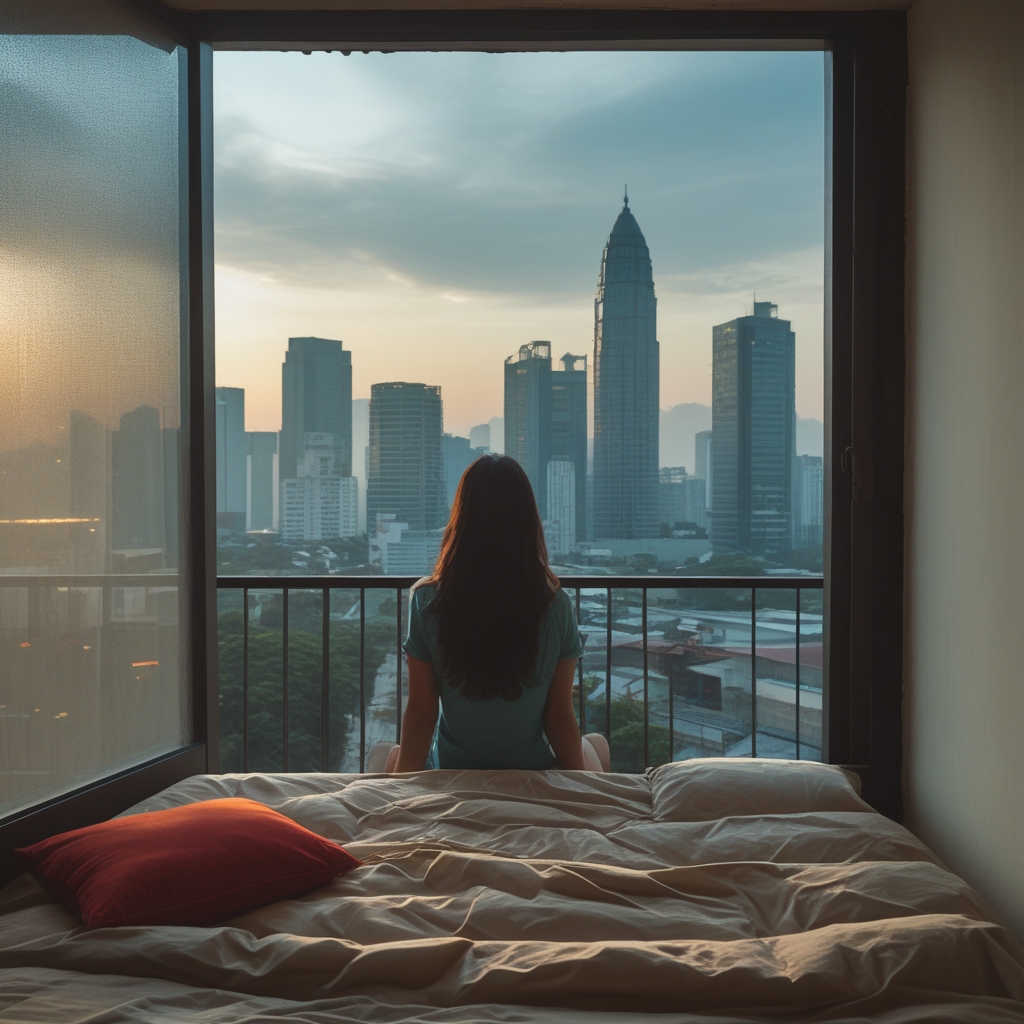 Pemandangan pagi hari dari jendela apartemen, matahari terbit di antara gedung-gedung kota Jakarta dengan langit berwarna jingga dan merah muda yang hangat, perspektif orang yang baru bangun tidur