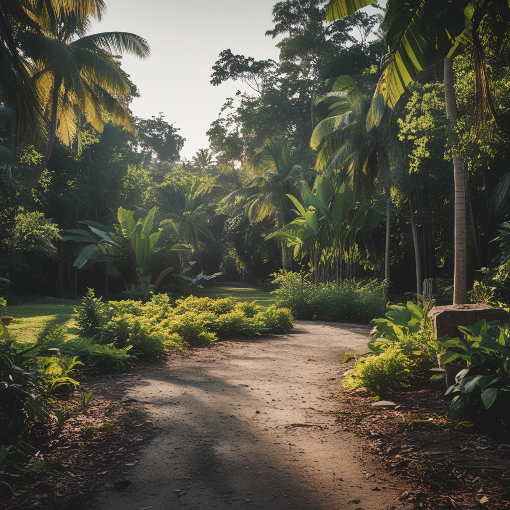 Suasana pagi yang tenang di taman dengan jalur pejalan kaki berbatu, pohon-pohon berjajar dengan daun yang diterangi cahaya matahari pagi yang keemasan, embun masih terlihat di rerumputan