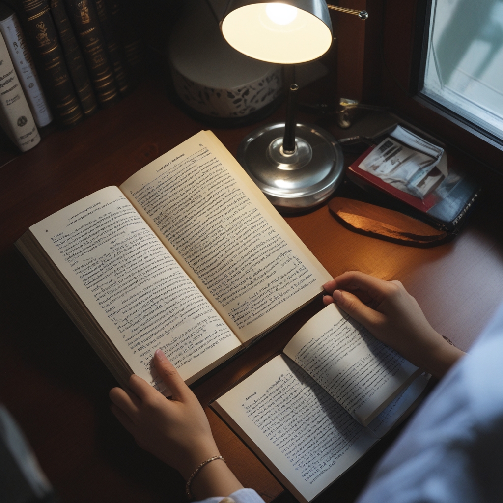 Dua kolom buku terbuka dengan halaman berseberangan, satu berjudul pernyataan dan satu berisi penjelasan faktual, diletakkan di meja baca kayu terang dengan cahaya lampu belajar yang hangat