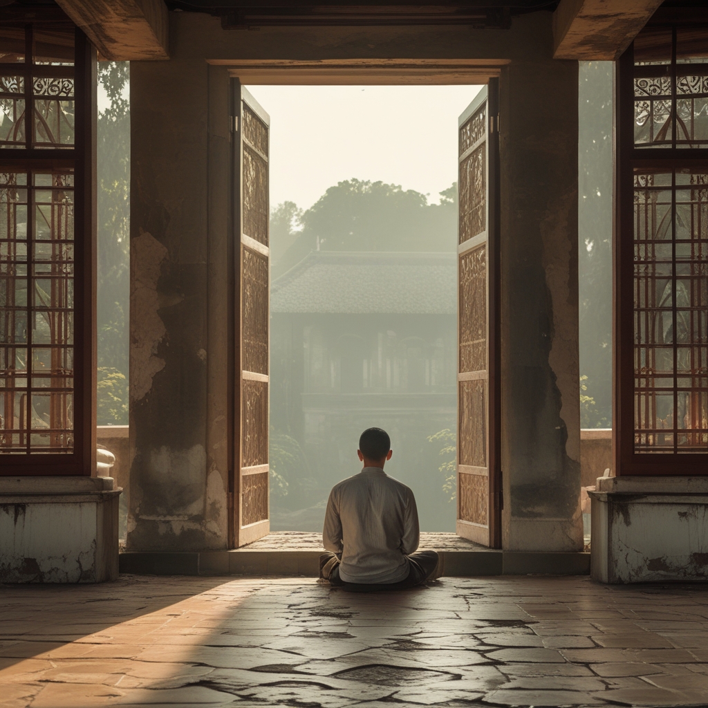 Seseorang duduk dengan postur tegap di depan jendela besar, pandangan diarahkan jauh ke luar ke arah cakrawala hijau, suasana tenang dan penuh cahaya alami