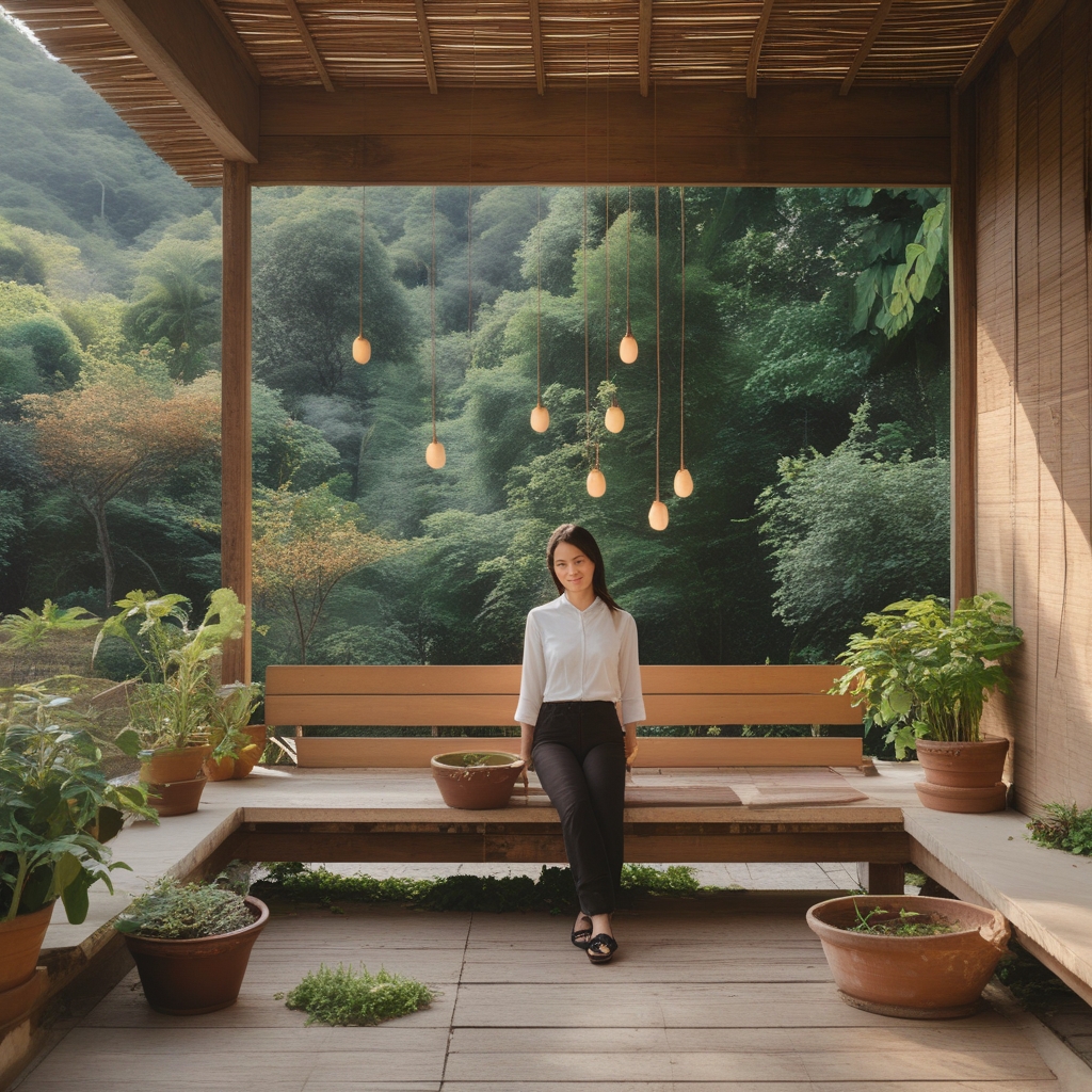 Sudut ruangan nyaman dengan kursi santai berwarna krem di dekat jendela besar, sinar matahari sore yang hangat masuk membentuk garis cahaya di lantai kayu, tanaman pot di samping jendela
